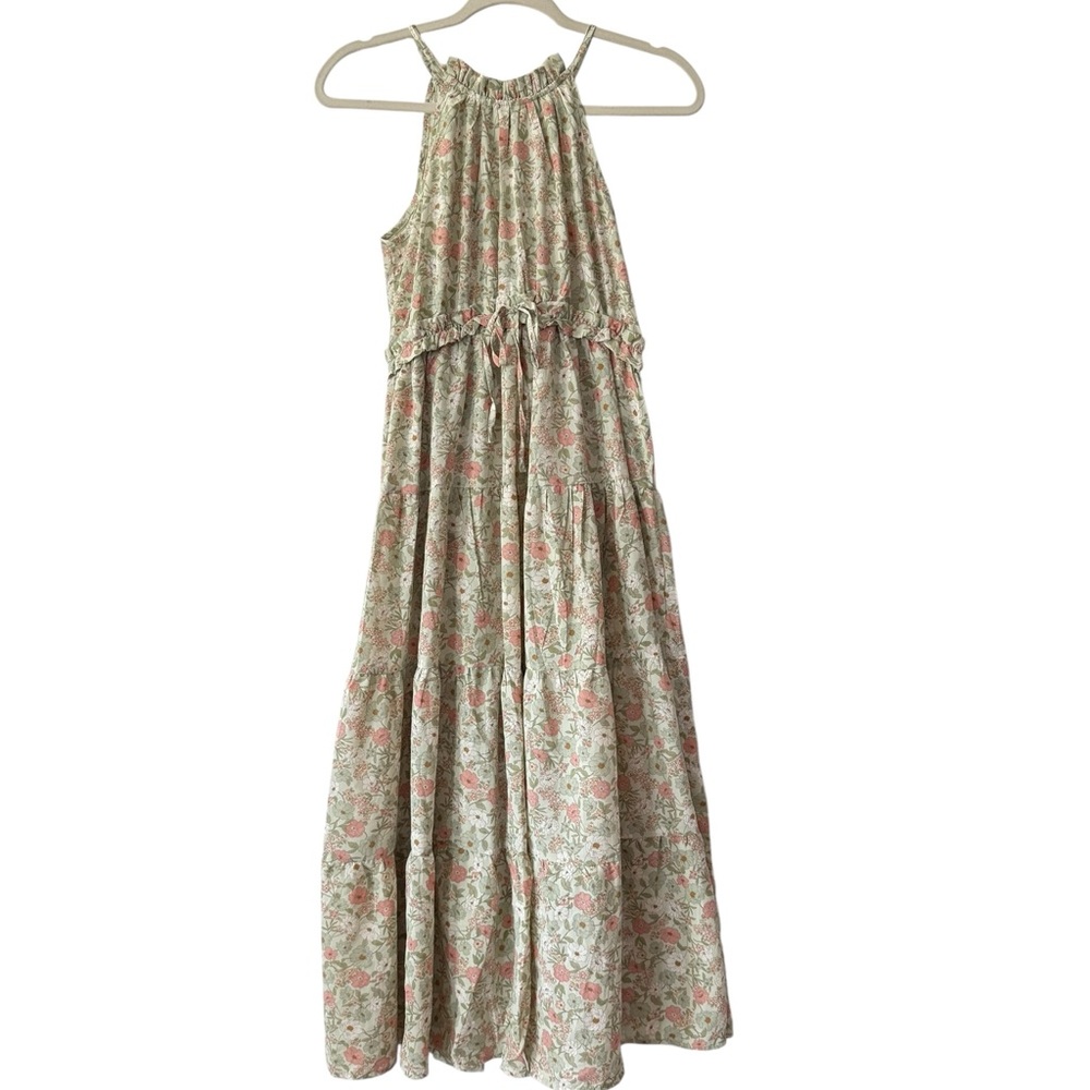 New By The River Light Pink & Green Halter Tiered Floral Midi Dress